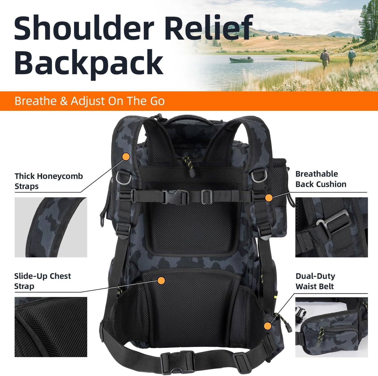 Ghosthorn Fishing Tackle Backpack - 43L Waterproof Gear Bag with 4 Tackle Boxes & Rod Holder | Detachable Waist Bag