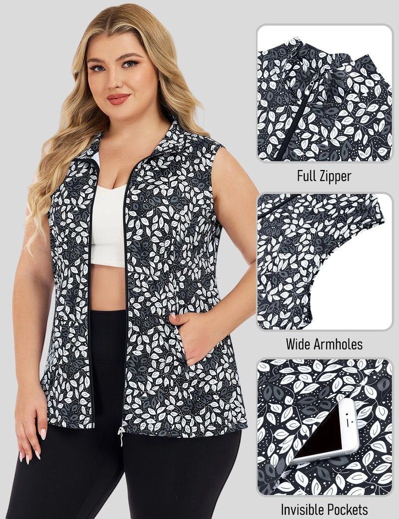 Misyula Style Plus Size Athletic Tank Tops for Women, Quick Dry Full Zip Sleeveless Golf Shirts with Pockets Lightweight Running Vest Hiking Tennis Summer Activewear,Black White Leaf,2XL