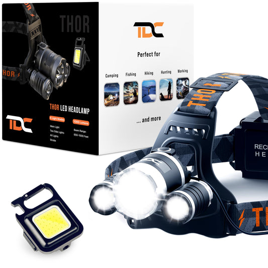 TDC Headlamp Combo: Powerful Thor Rechargeable Headlamp + Super Bright COB Keychain Flashlight Rechargeable – Illuminate Your Adventures with The Dynamic Duo. Headlamp and COB Keychain Work Light