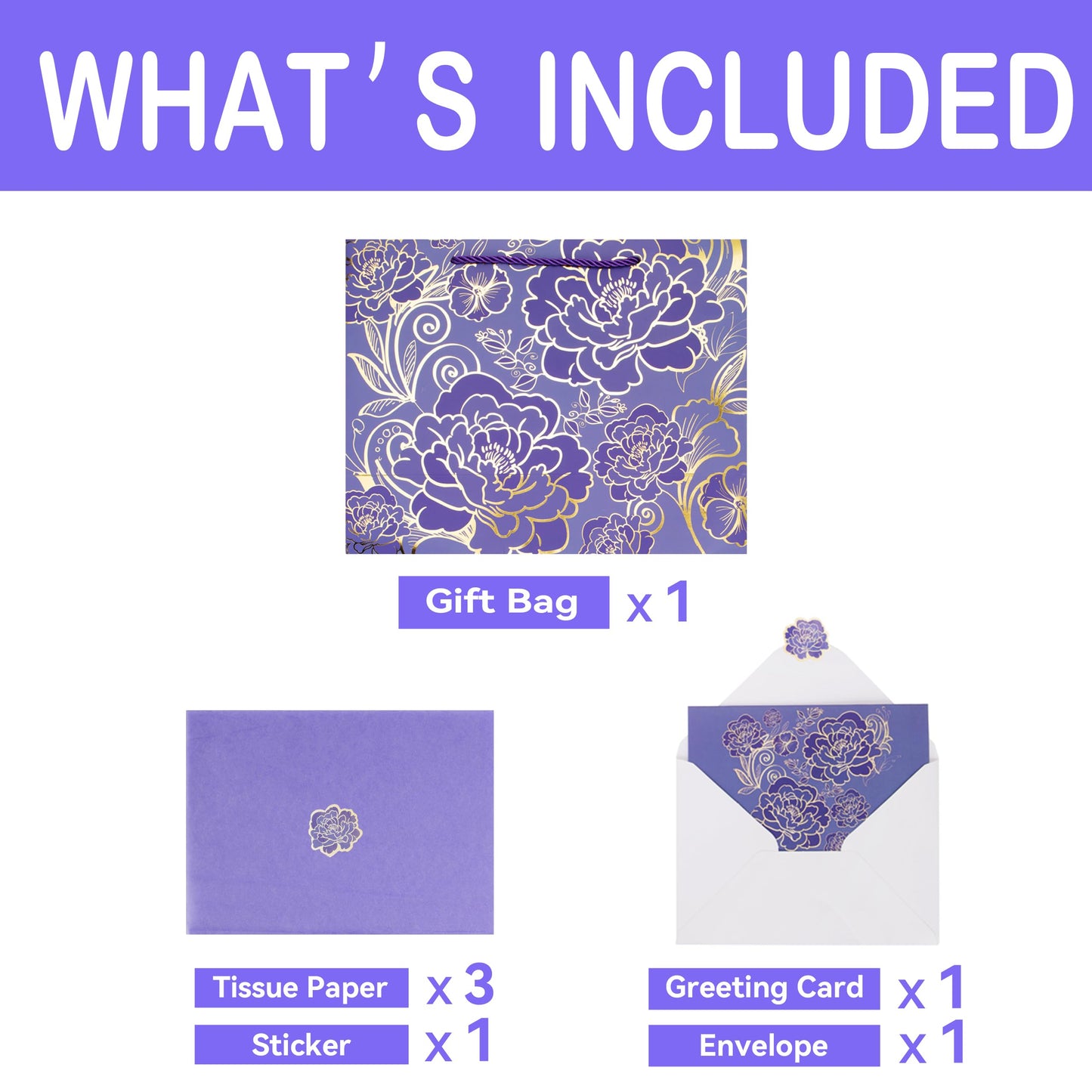 Qirrmiy 13" Large Rose Purple Gift Bag Set with Greeting Card and Tissue Paper for Women or Girls for Celebrating Birthdays, Mother's Day, Valentine's Day, Weddings, Anniversaries