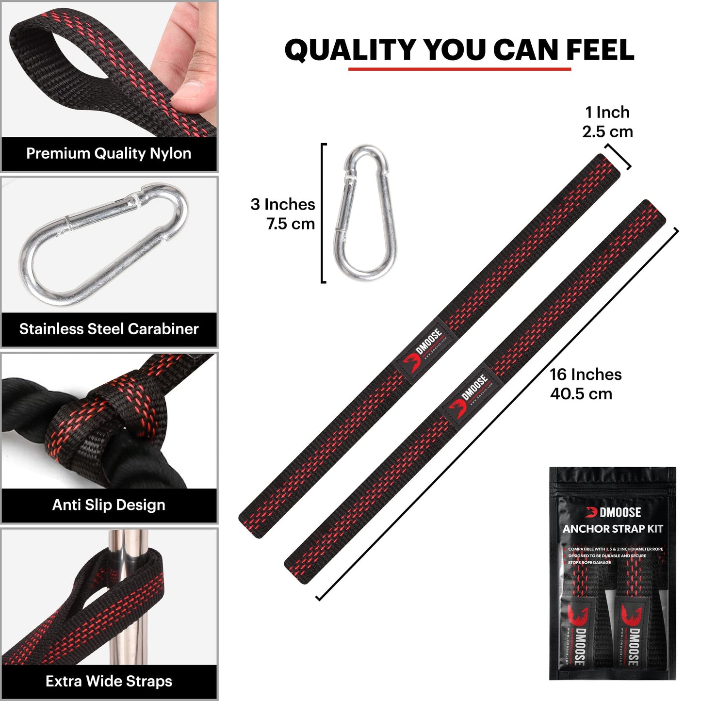 DMoose Battle Rope Anchor Strap Kit - Heavy Duty Reinforced Nylon, Stainless Steel Carabiner & Wide Strap for Extra Grip & Anti-Slip Design for Gym Workout, Training Fitness Exercise, (Black)