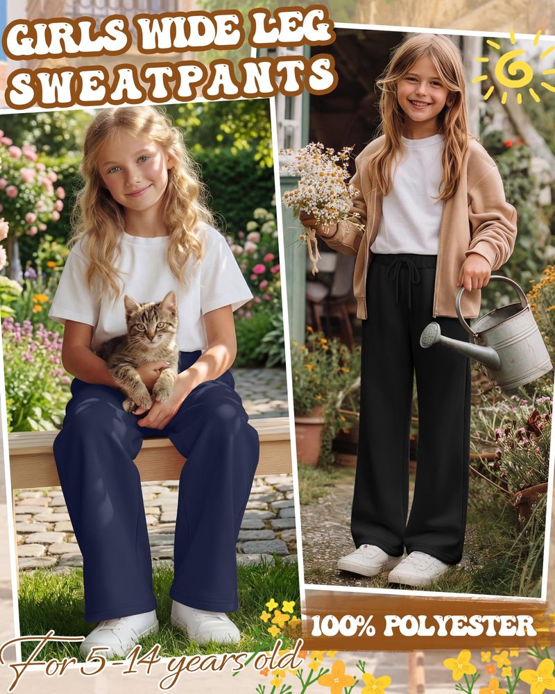 LessonZoo 3 Pack Girls Wide Leg Sweatpants Kids Drawstring High Waist Baggy Pants Teen Athletic Trousers with Pockets(Navy Blue, Light Gray, Black,13-14 Years)