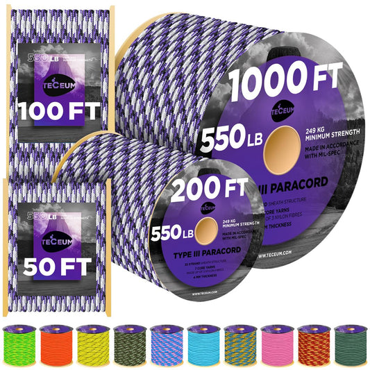 TECEUM Paracord Type III 550 Purple Snake – 50 ft – 4mm – Tactical Rope MIL-SPEC – Outdoor para Cord –Camping Hiking Fishing Gear and Equipment – EDC Parachute Cord – Strong Survival Rope 026mb