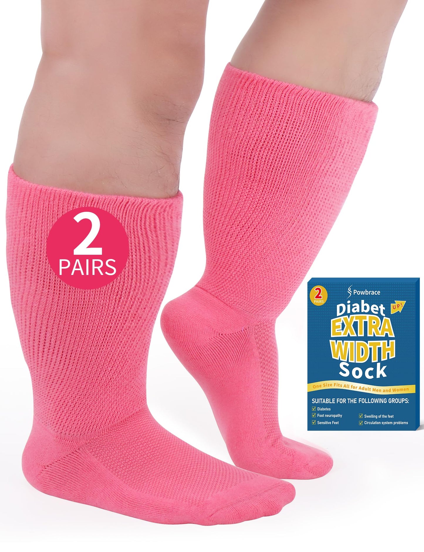 Powbrace 2 Pairs Wide Diabetic Socks for Men Women Plus Size, Pink