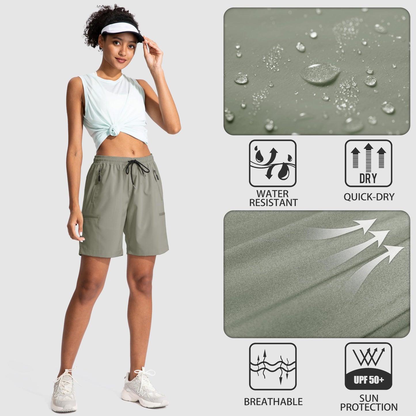 SANTINY Women's 5''/ 7''/9'' Hiking Cargo Shorts Quick Dry Lightweight Summer Shorts for Women Athletic Golf Zipper Pockets(Silver Sage_M)