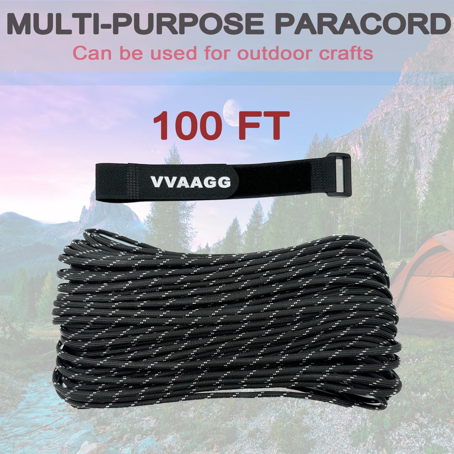 VVAAGG 550 Paracord 100FT 4mm Durable Camping Rope, Tent Rope, Clothsline Rope, Marine Weatherproof Rope, Nylon Parachute Cord Rope (Black with White)