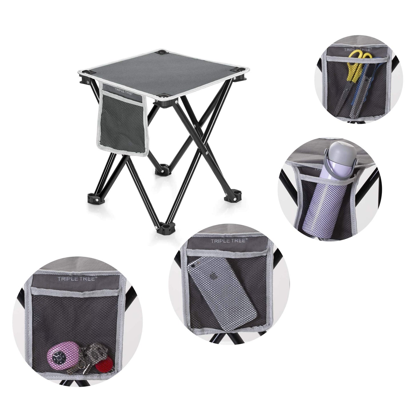 Zaboro Triple Tree 2 Pack Folding Camping Stool, 13.8 Inch Small Portable Lightweight Stool with Side Pocket, Foot Stool with Carry Bag for Hiking, Fishing and Beach, Hold up to 400lbs, Grey