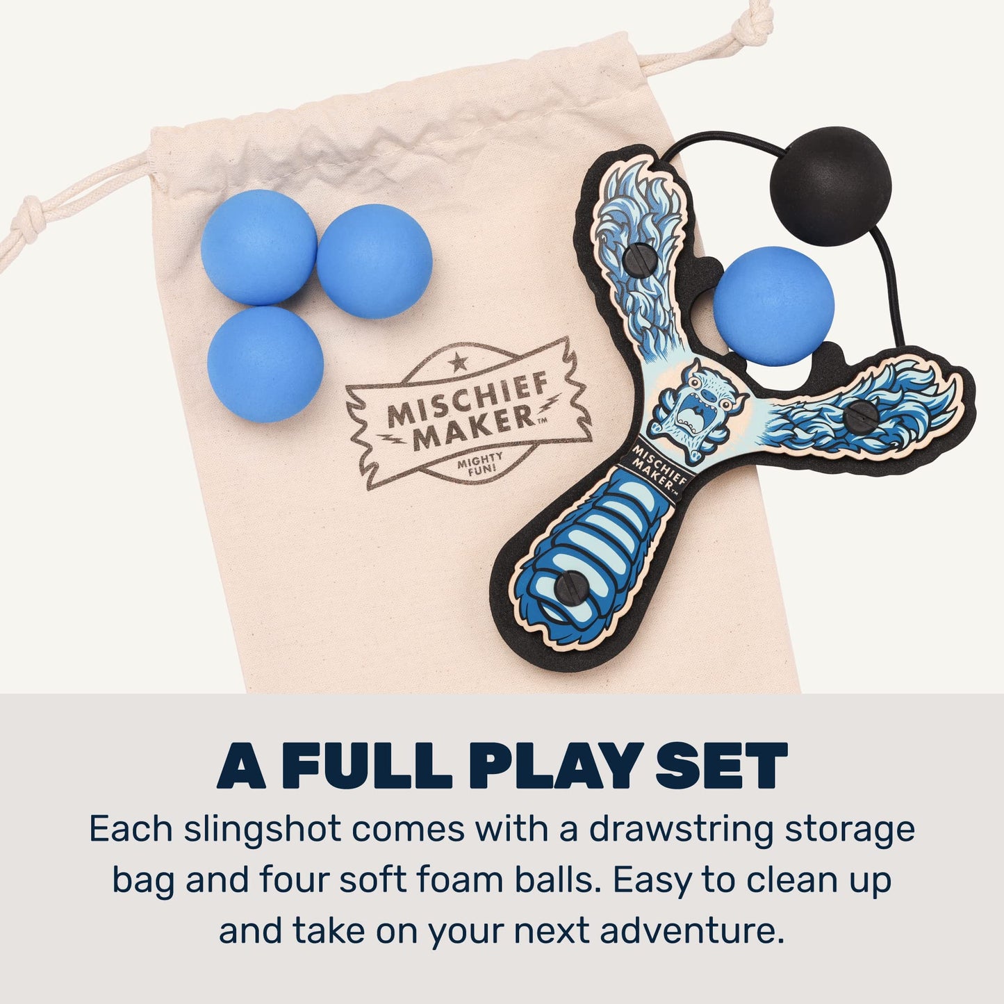 Mighty Fun! - Mischief Maker® Wooden Slingshot - Lil’ Monster Series - Real Wood Slingshot for Kids, 4 Soft Foam Balls and Storage Bag - Ages 4+ (Blue)