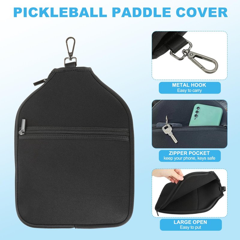 PATIKIL Pickleball Paddle Cover, Universal 12.2x9.4 Inch, Black Neoprene, Zipper Closure, Utility Pocket, Soft Shell, Carrying Strap
