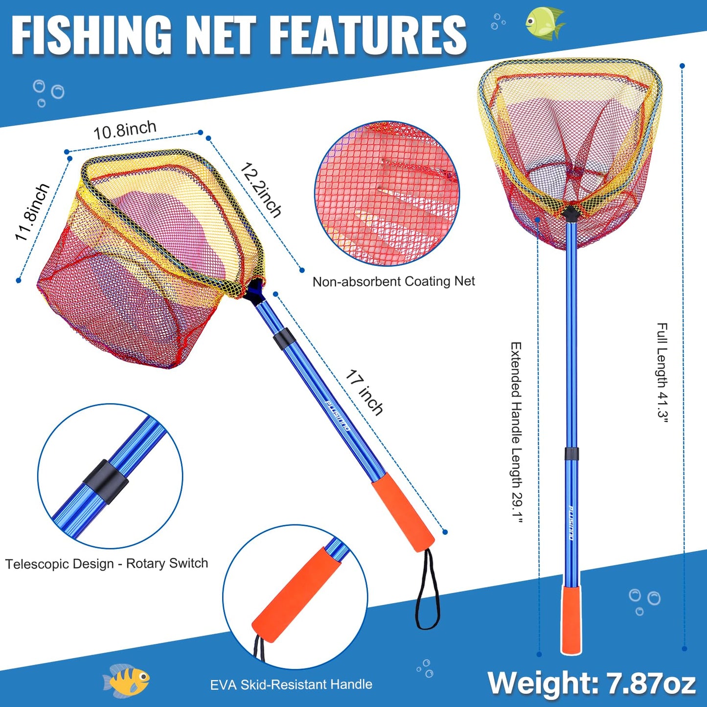 PLUSINNO Kids Fishing Pole, Telescopic Fishing Rod and Reel Combo with Fishing Net, Tackle Box and Bag, Portable Fishing Kit Kids Fishing Gear Gifts for Youth Boys Toddler -5FT/1.5M
