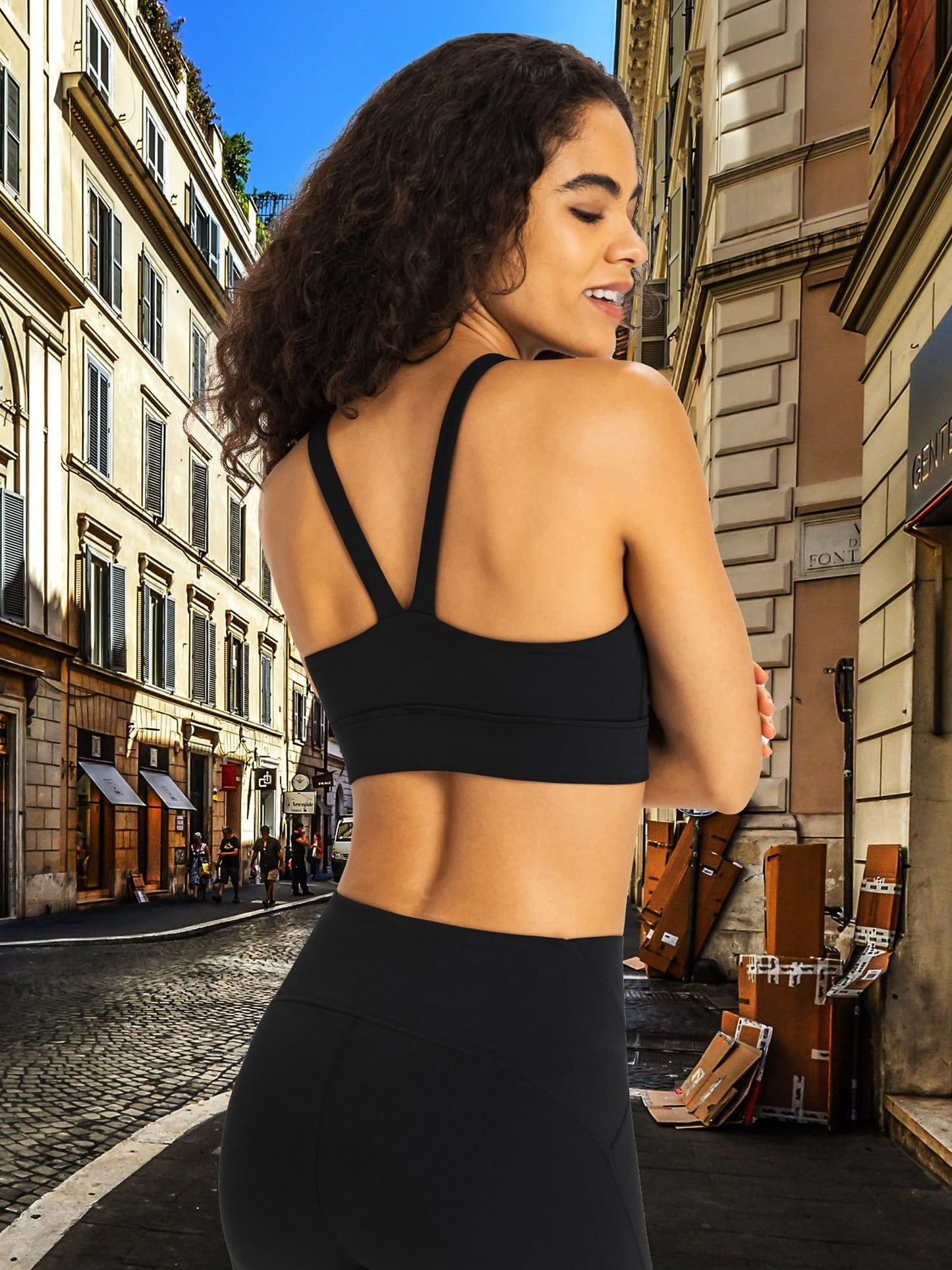 Meides Sports Bra for Women-Wirefree Padded V Back Workout Yoga Gym Running Bras Tank Tops Medium Support Black