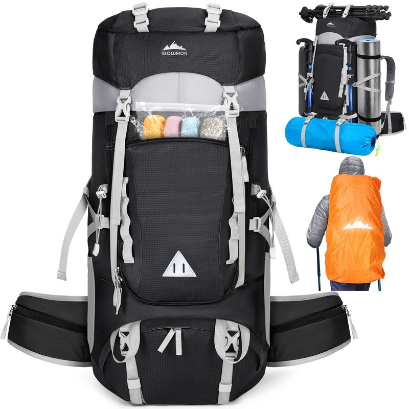 IGOLUMON 60L Hiking Backpack, Large Camping Backpack with Rain Cover Waterproof Travel Hiking Daypack Lightweight Backpacking Pack for Men Women, Black