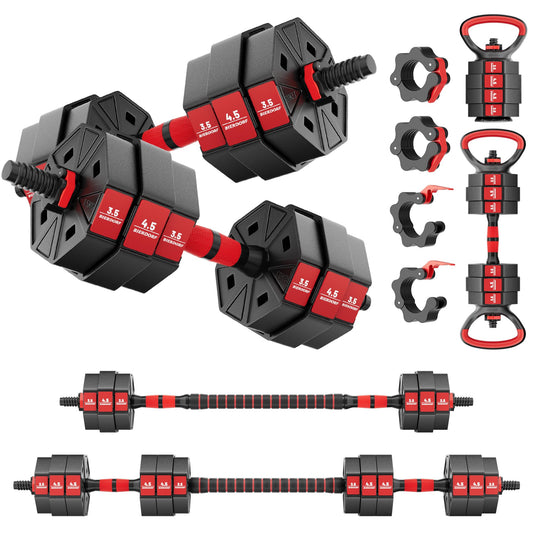 BIERDORF Adjustable Weights Dumbbells Set with 2 Adjustable Kettlebell and 4 Barbell Clips 50LB Free Weights Dumbbells Set 4 In 1 Used as Kettlebell Barbell Dumbbell Push Up Bar Weight Set for HomeGym