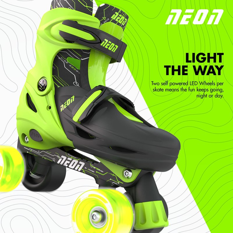 Yvolution Neon Combo Skates | 2-1 Quad and Inline Skates for Kids with LED Wheels | Adjustable Sizing (Green, 12-2)