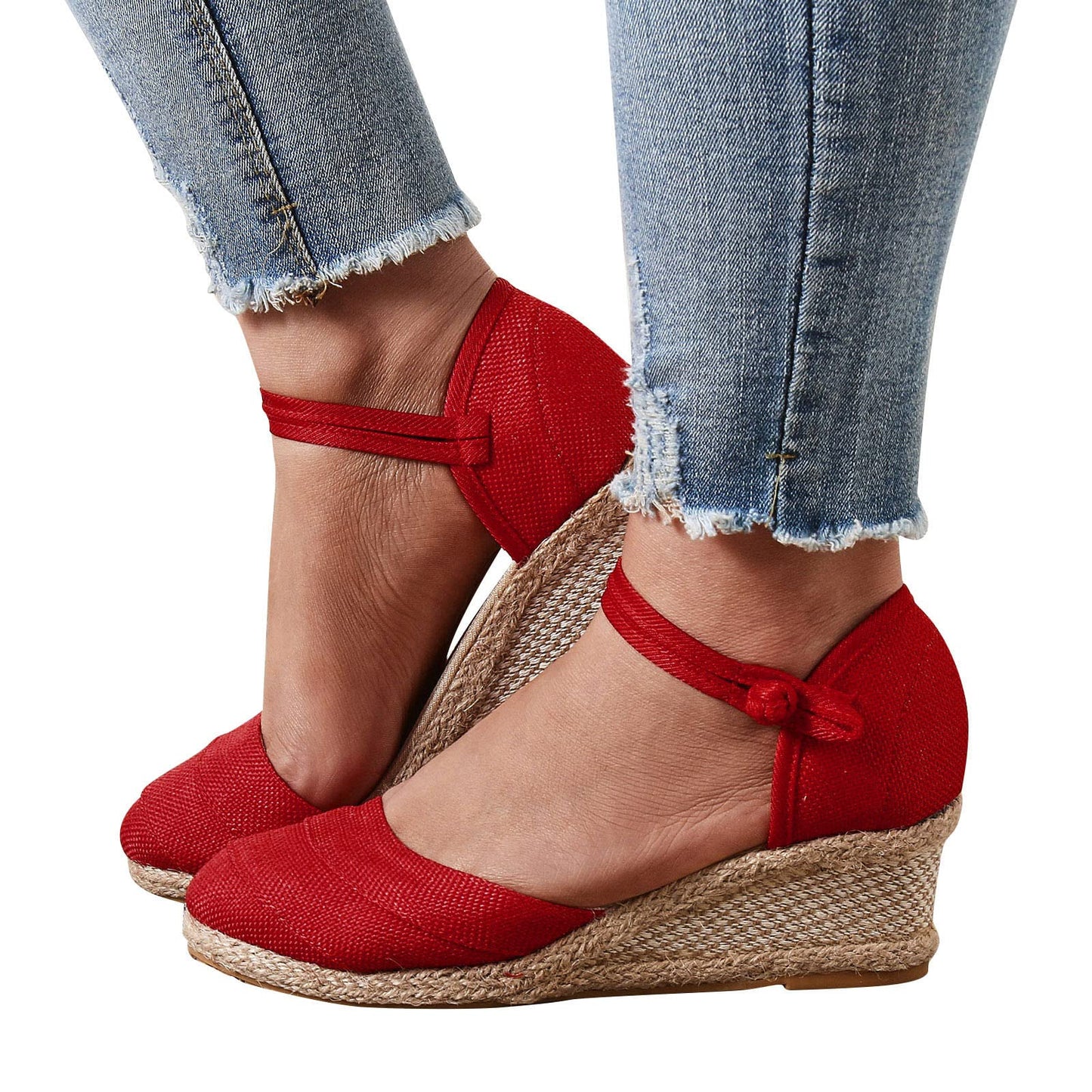 Shengsospp Women's Classic Espadrille Wedge Sandal Buckle Ankle Strap Espadrilles Wedge Casual Sandal Fashion Braided Breathable 01_Red, 7.5