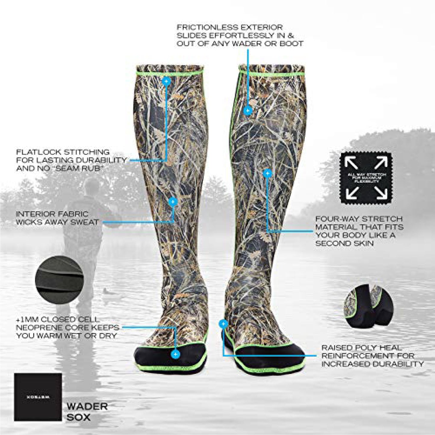 Wetsox Frictionless 1 MM Wader Socks | Slide In/Out of Boots/Waders | Neoprene for Warmth & Dryness | Waterproof, Lightweight, Breathable, Fishing & Hunting Socks, Non-Slip | Black, Large