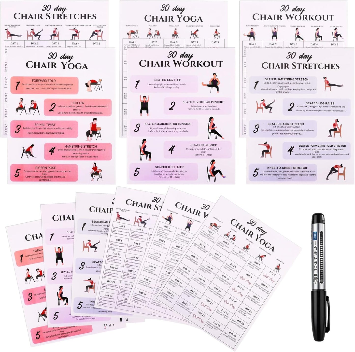 Karlaris 30-Day Chair Yoga Chart Set - 6-Pack Office Workout Posters for Seniors | Gentle Stretching & Seated Exercises