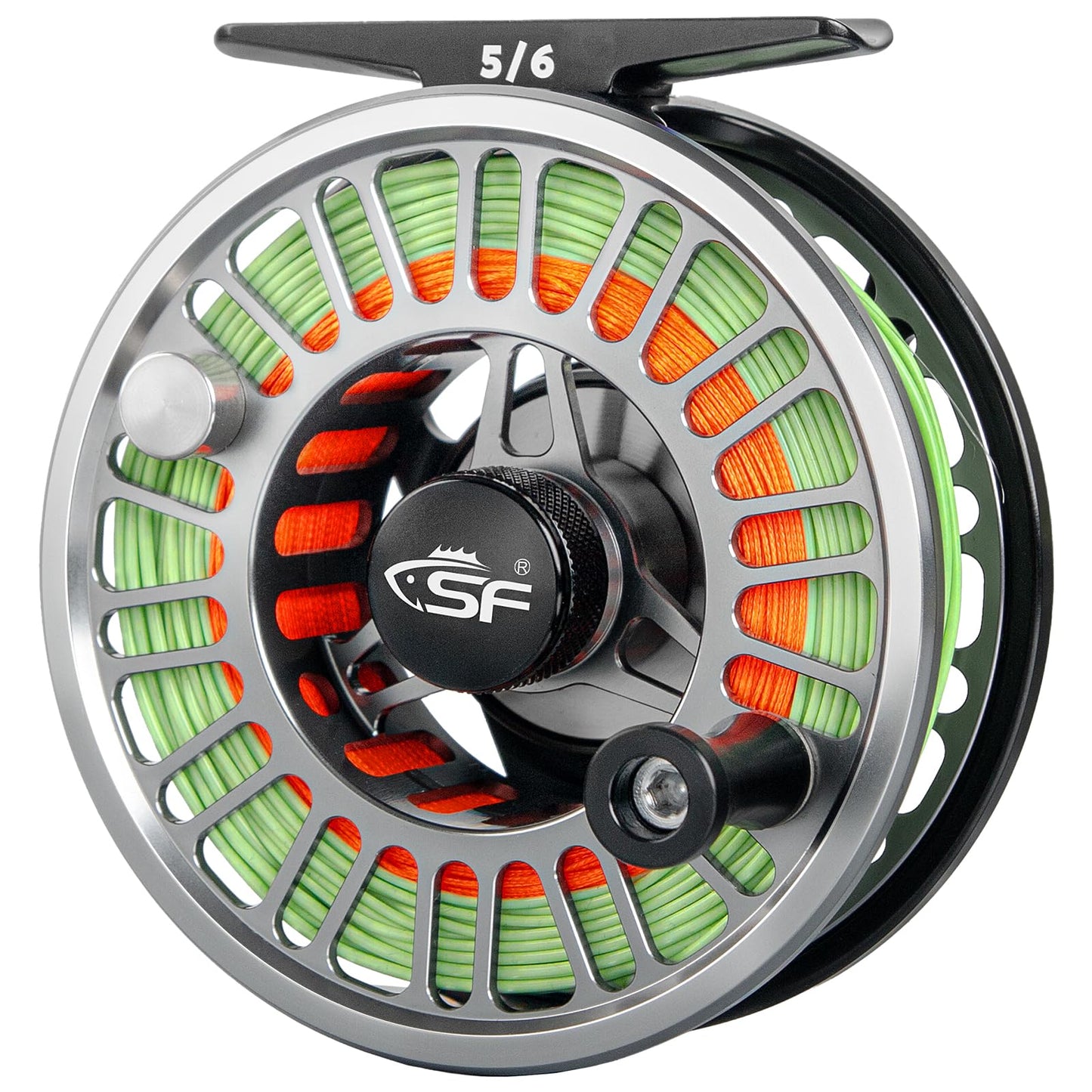 SF SF-003 Pro Fly Fishing Reel for Freshwater - CNC Machined, Mid Arbor Design, Smooth Drag System, Lightweight Aluminum Body - 5/6wt, Gunmetal Gray & Black,Pre-Loaded Fluorescent Yellow Fly Line Kit