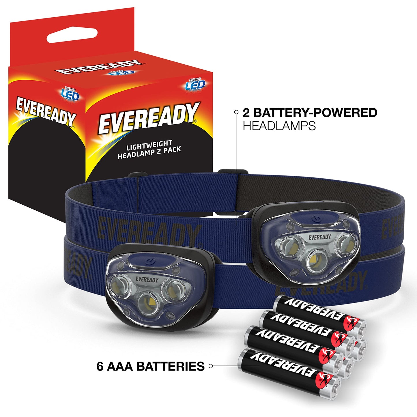 Eveready LED Headlamps (2-Pack), Bright and Durable Head Lights for Running, Camping, Fishing, Emergency (Batteries Included),Navy Blue (2-Pack),Adjustable