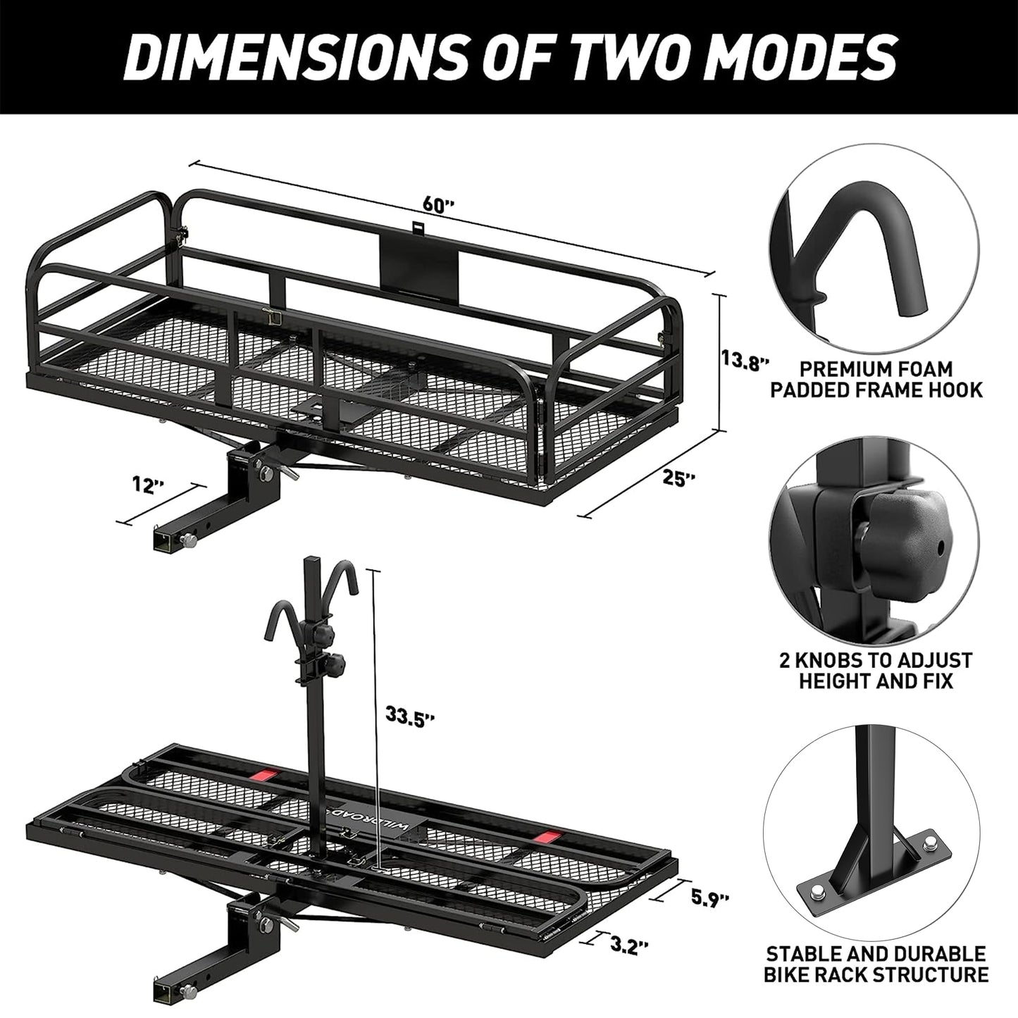 Wildroad Hitch Cargo Carrier with Bike Rack 60" x 24" x 14" Hitch Mount Cargo Carrier 2 Bikes 500 LBS Capacity Folding Hitch Bike Rack for Standard, Fat Tire and Electric Bike Fits 2" Receiver