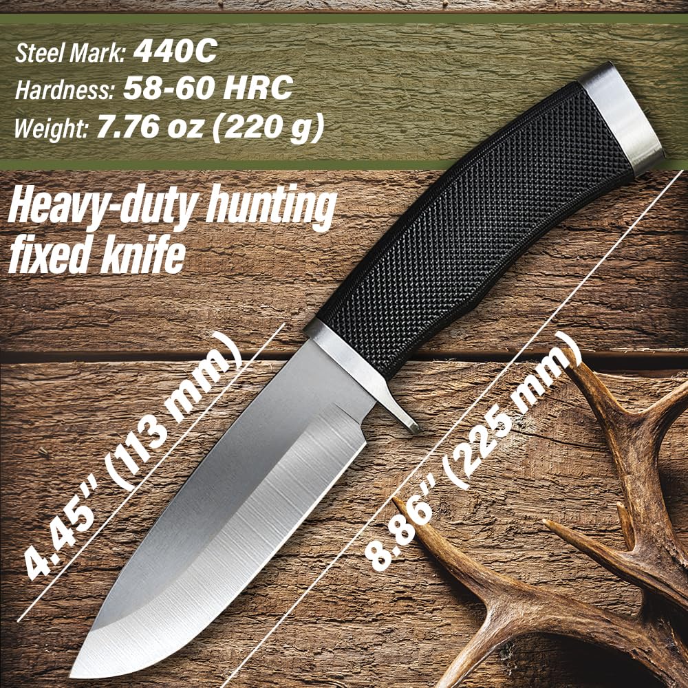 Hunting Knife with Sheath Survival Knives for Men - Best Tactical Camping Hunting Hiking Knife - Bushcraft Field Gear Accessories Tool - Fixed Blade Sharp Knofe with Rubber Handle for Men 148109