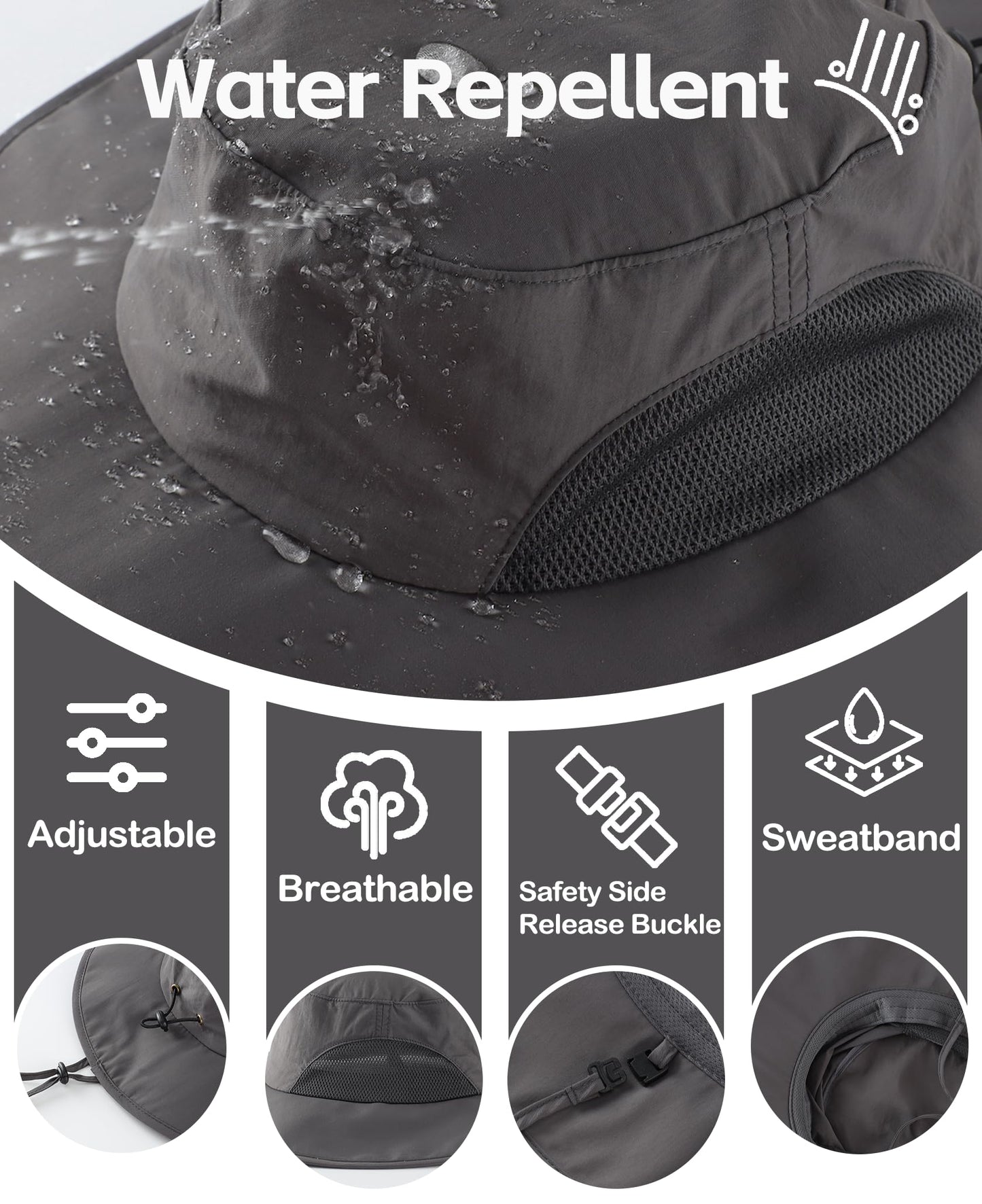 Home Prefer UPF50+ Mens Sun Hat Wide Brim Fishing Hat UV Protection Cap for Gardening Golf Bucket Hat Dark Grey