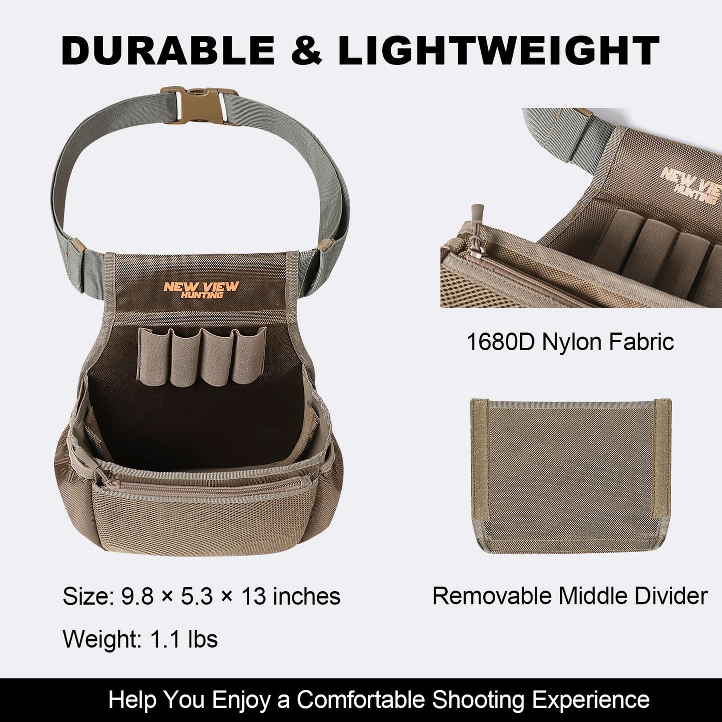 NEW VIEW Shell Bag - Holds 2 Boxes of Shells - Features Spacious Dual Compartments & Comfortable Waist Belt - Sturdy Lightweight Shotgun Shell Pouch Organizer for Your Shells