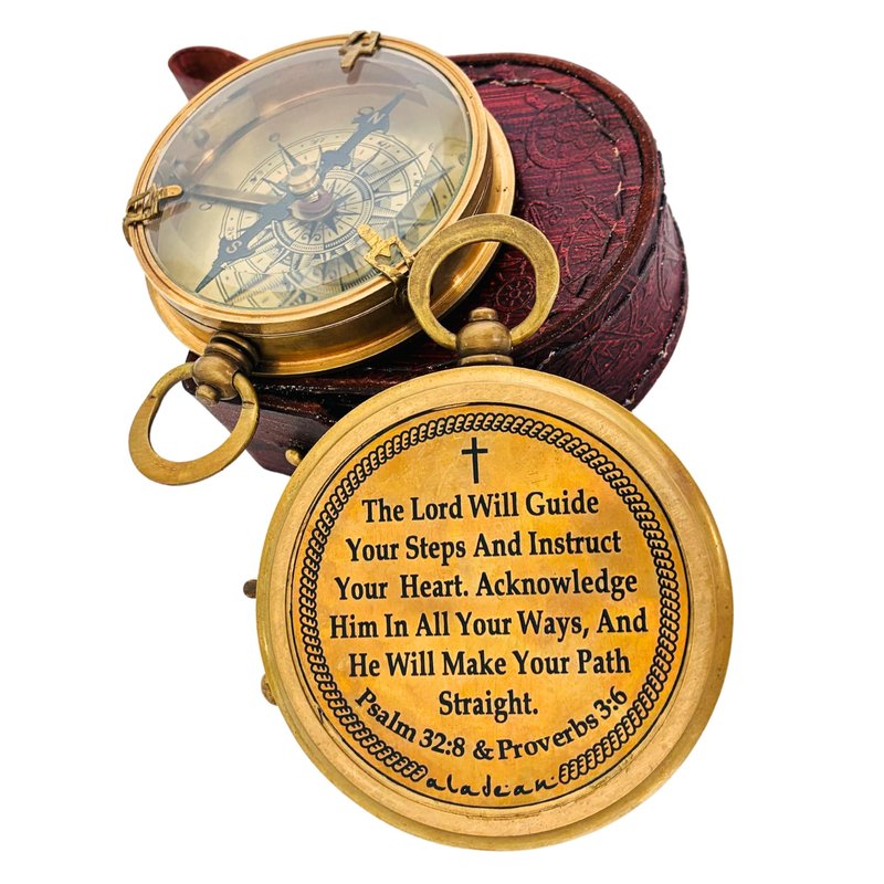 ALADEAN Religious Christian Gift Compass - The Lord Will Guide | Uplifting Baptism Gift - Communion 2025 Graduation 2026 Confirmation Gifts (# 7cm with Premium Leather Case)