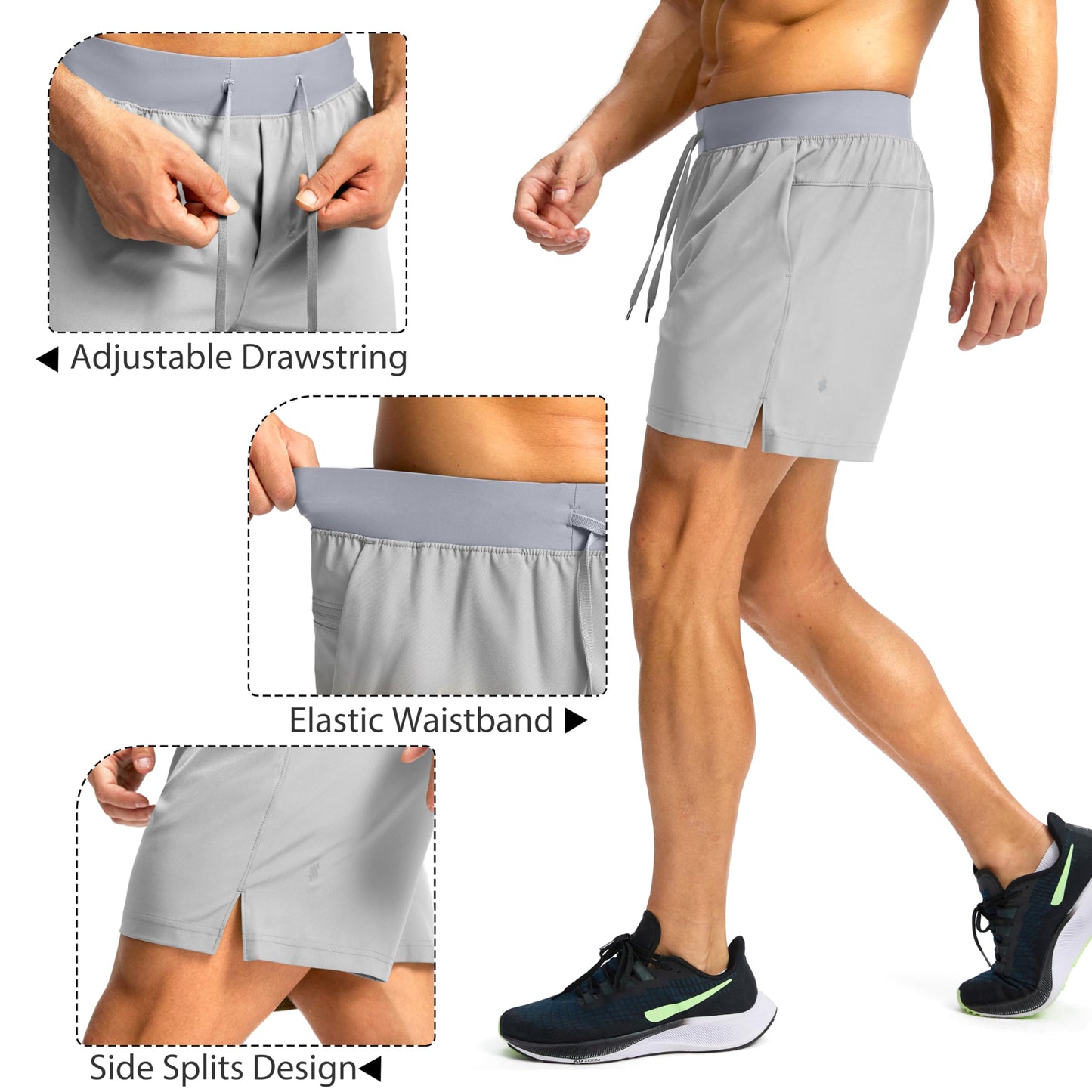 Soothfeel Men's Running Shorts with Zipper Pockets 9"/ 7"/ 5" Lightweight Quick Dry Basketball Gym Workout Athletic Shorts for Men (Light Grey, S)