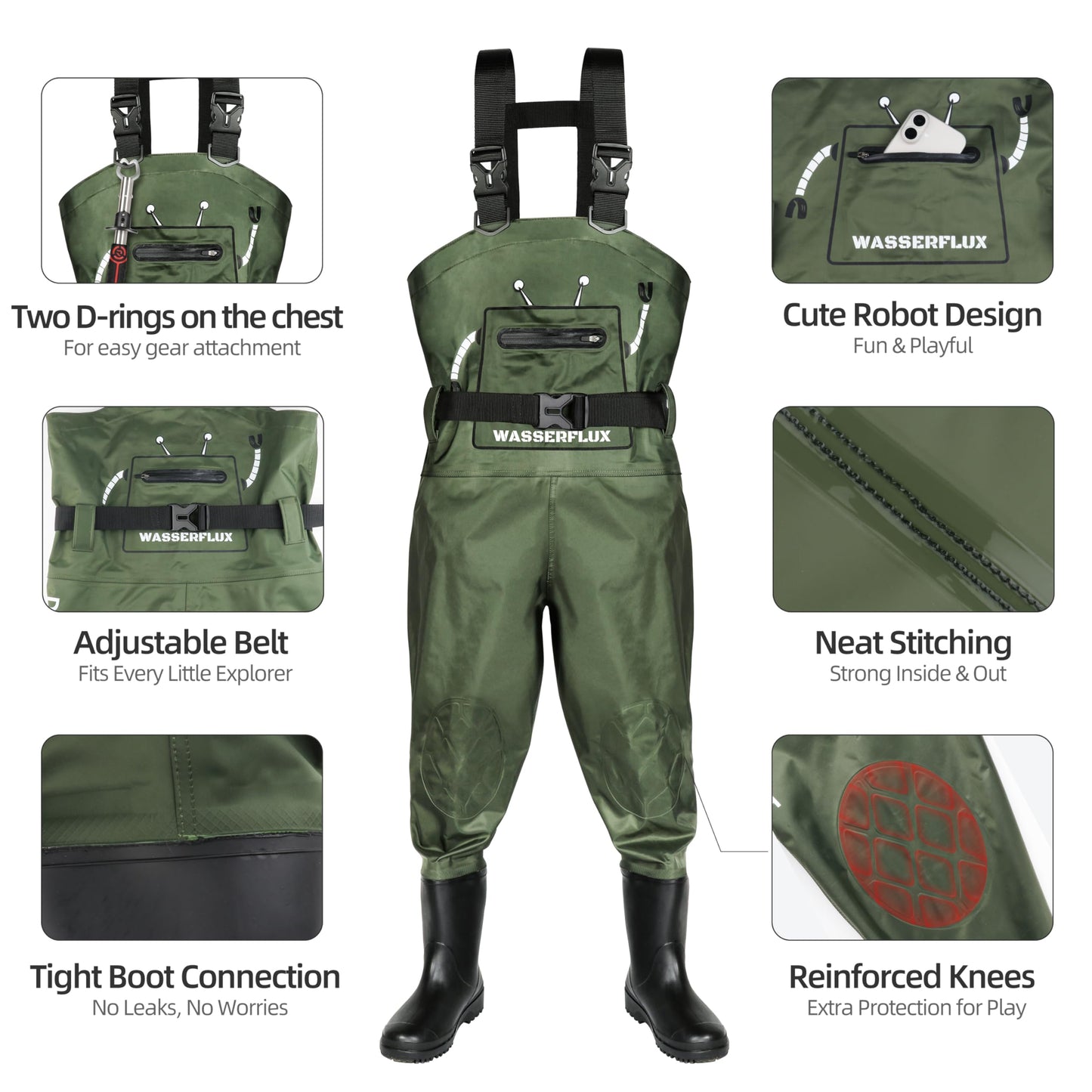 wasserflux Kids Chest Waders with Boots – Waterproof PVC Youth Waders with Reflective Strips & Reinforced Knees, Lightweight Fishing Waders, Green 8/9T