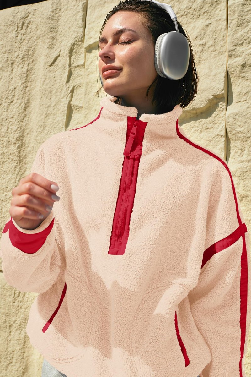 Panadila Womens Half Zip Fleece Pullover Sherpa Jacket Fuzzy Sweater Cozy Sweatshirt with Pockets Winter (Beige Red Combo,M)