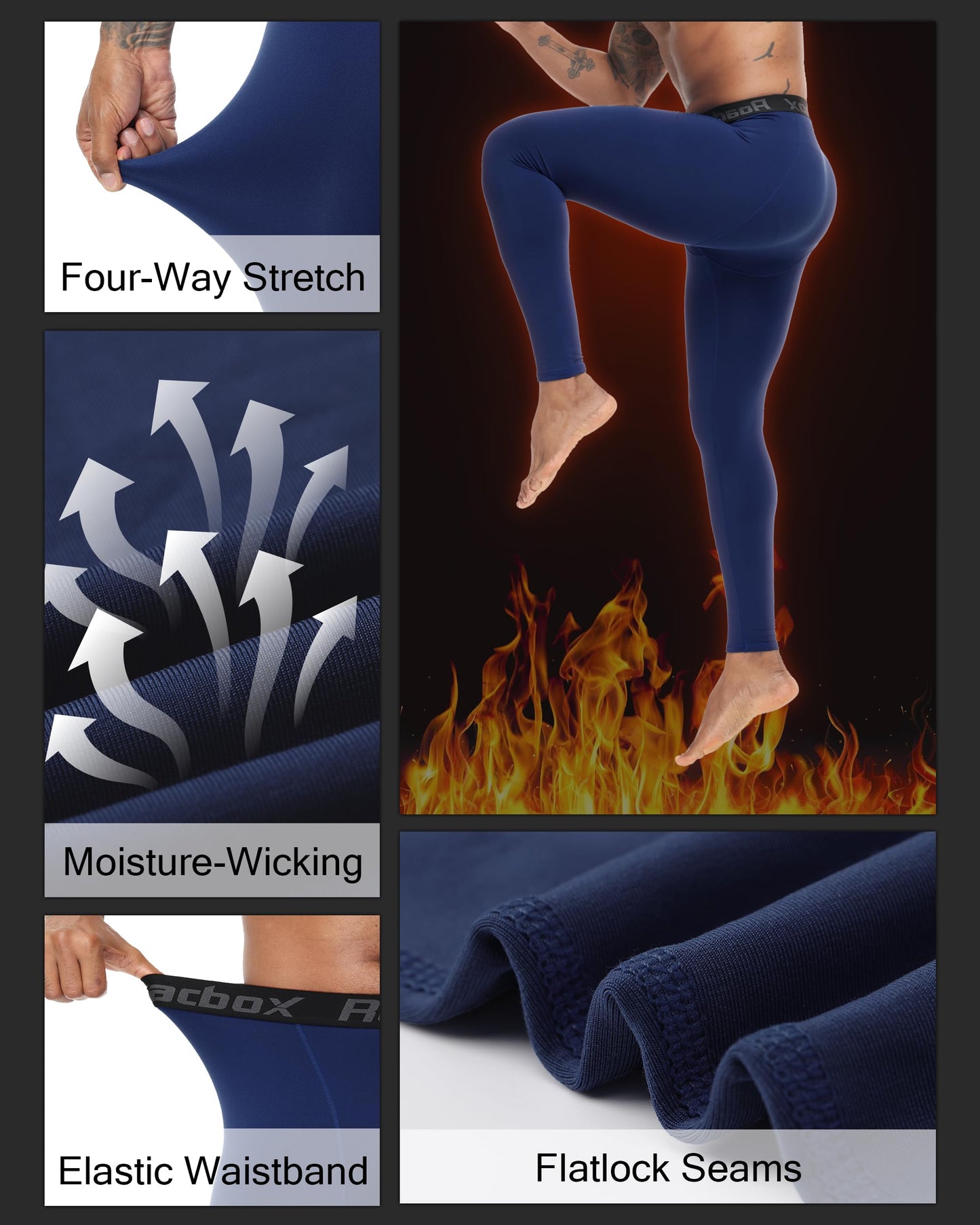 Roadbox Men's Thermal Compression Pants, Fleece Lined Running Tights Leggings, Athletic Ski Base Layer Bottoms Cold Weather Navy Blue