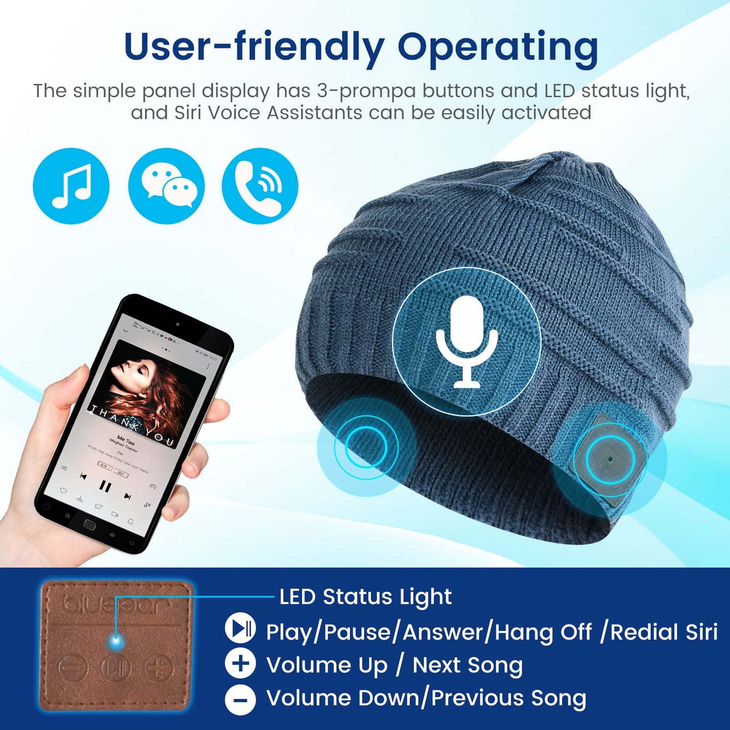 blueear Bluetooth Beanie Hat Bluetooh 5.2 Headphone Wireless Winter Knit Hats with Stereo Speaker and MIC,Gifts for Birthday,Christmas,Thanksgiving Day