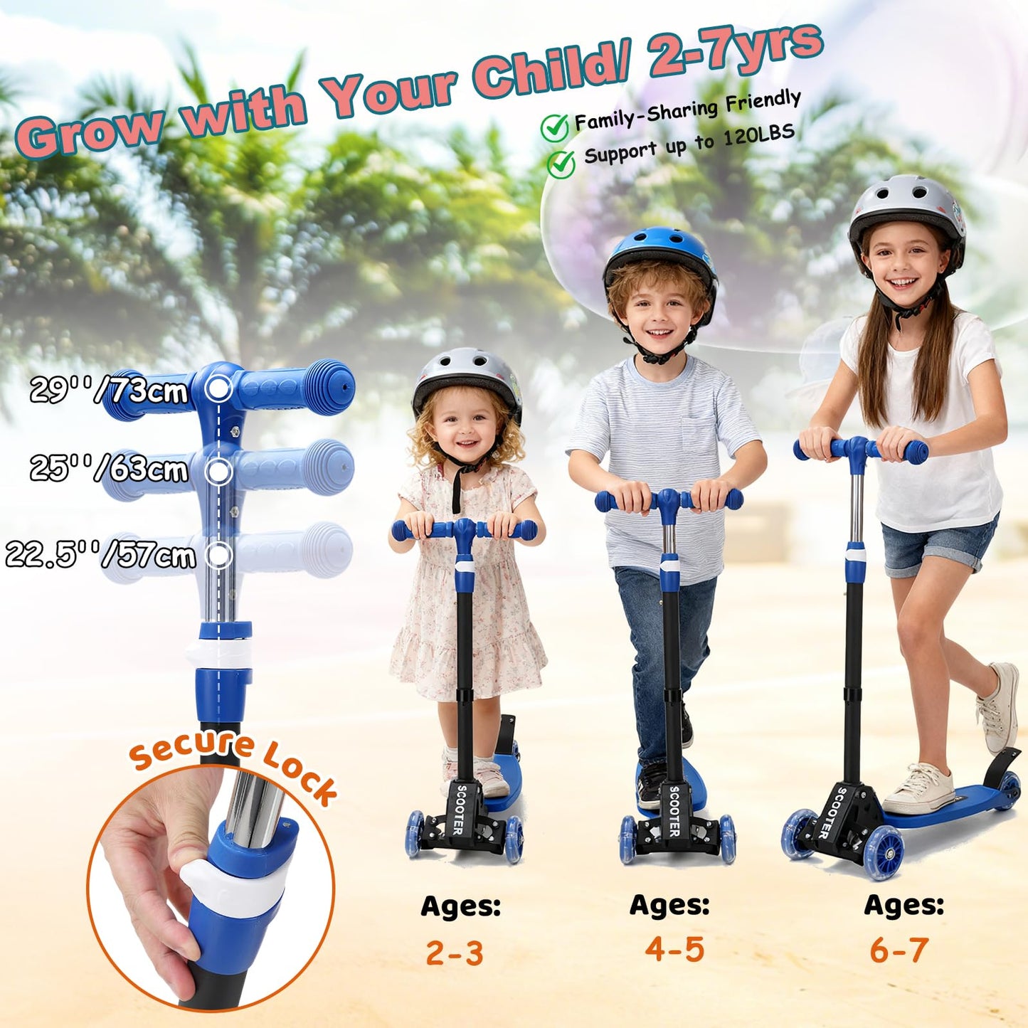 Kids Scooter for Ages 3-7, Foldable 3 Wheel Kick Scooter with Light Up Wheels, Easy Lean-to-Steer, Adjustable Handlebar, Stable Dual Rear Wheels, Wide Non-Slip Deck &Rear Brake for Boys Girls