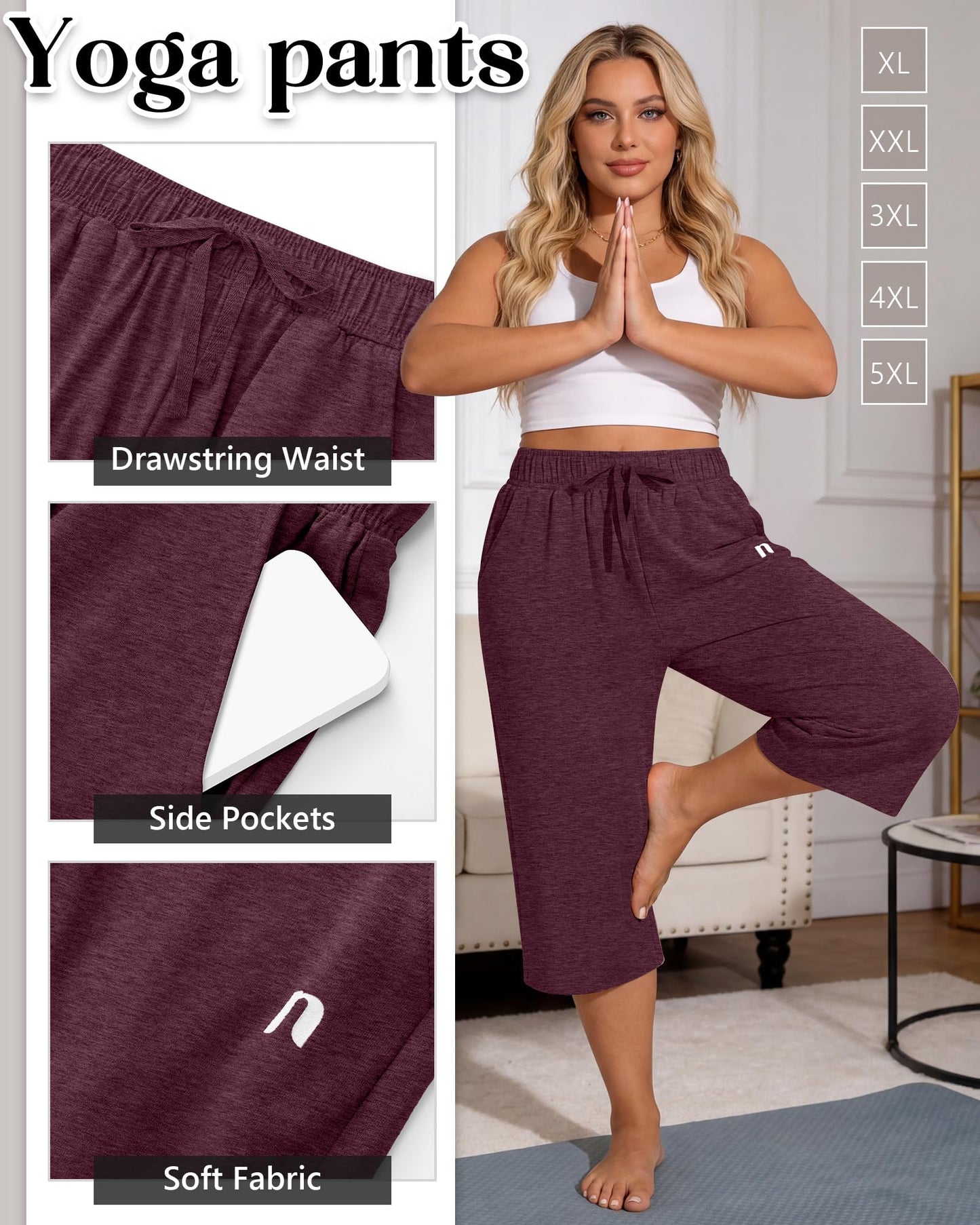 Neer 3 Pack Women's Plus Size Capris,Wide Leg Loose Pants Casual Drawstring Capri Sweatpants Drawstring Pants with Pockets(Black, Wine Red, Midnight Blue,3X-Large)