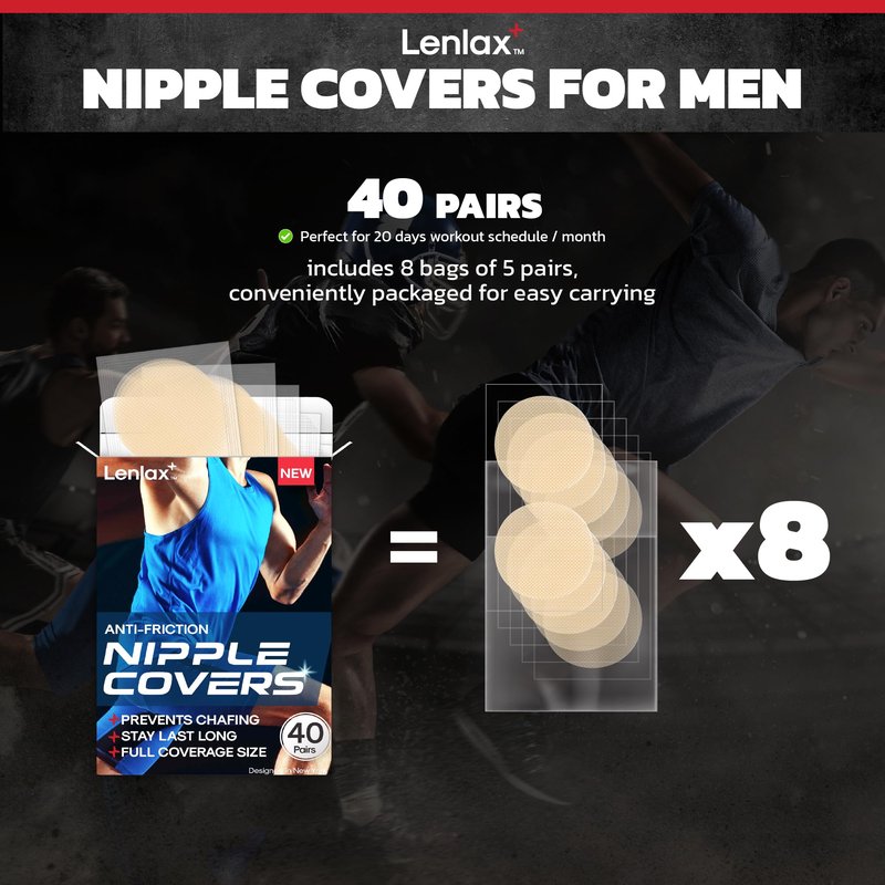 LENLAX Running Nipple Covers Men - 12 Hours+ Long Lasting, Strong Adhesive Nipple Tape - No Show Under Shirt - Mens Nipple Covers