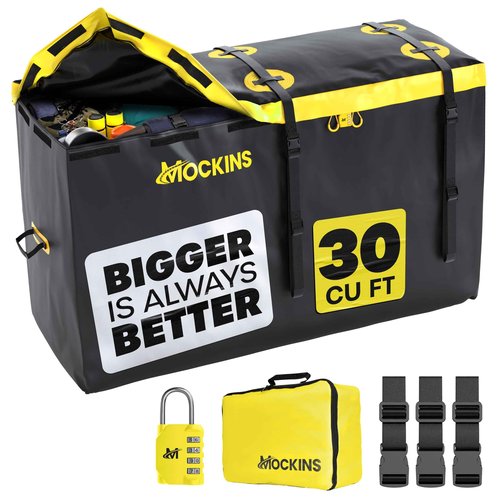 Mockins 30 CuFt Trailer Hitch Cargo Carrier Bag | 60"x24"x36" Weatherproof Cargo Bag for Hitch Carrier | Waterproof Truck Bed Storage | Vinyl Vehicle Soft Shell Carriers Set for Road Trips & Camping
