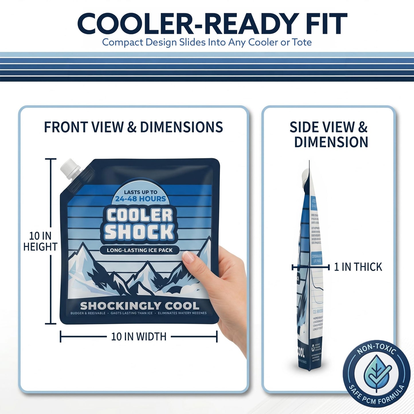 Cooler Shock 4-Pack Mid-Size 10x10 Reusable Ice Packs - Freezes to 18°F / -8°C - Long Lasting Freezer Packs for Coolers and Lunch Boxes - Camping, Fishing, Road Trips, Beach