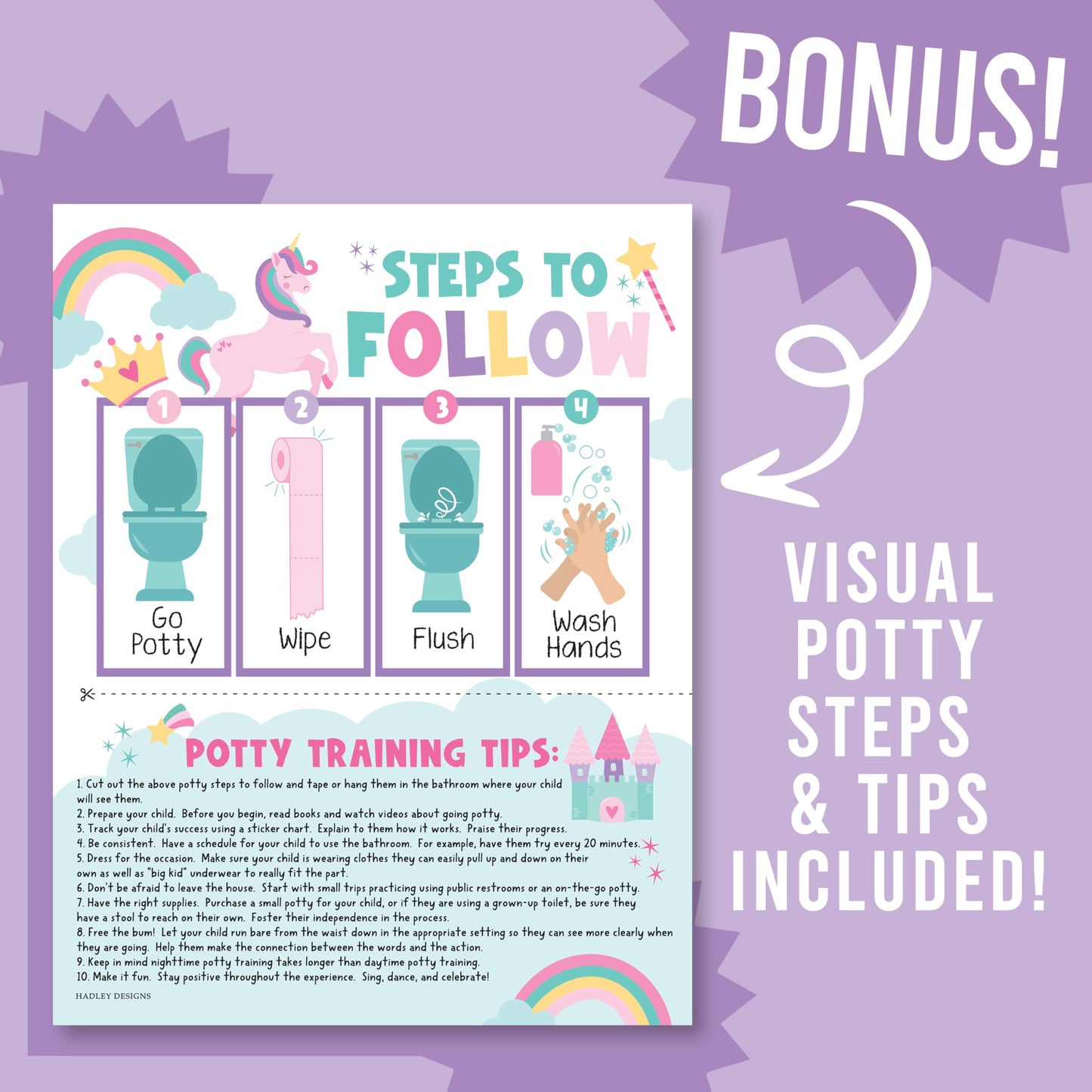 Hadley Designs Potty Training Chart for Toddlers Girls -10 Sticker Potty Chart for Toddlers Girls, 8.5x11" Potty Training Sticker Charts for Toilet Success, Unicorn Toddler Reward Chart for Kids