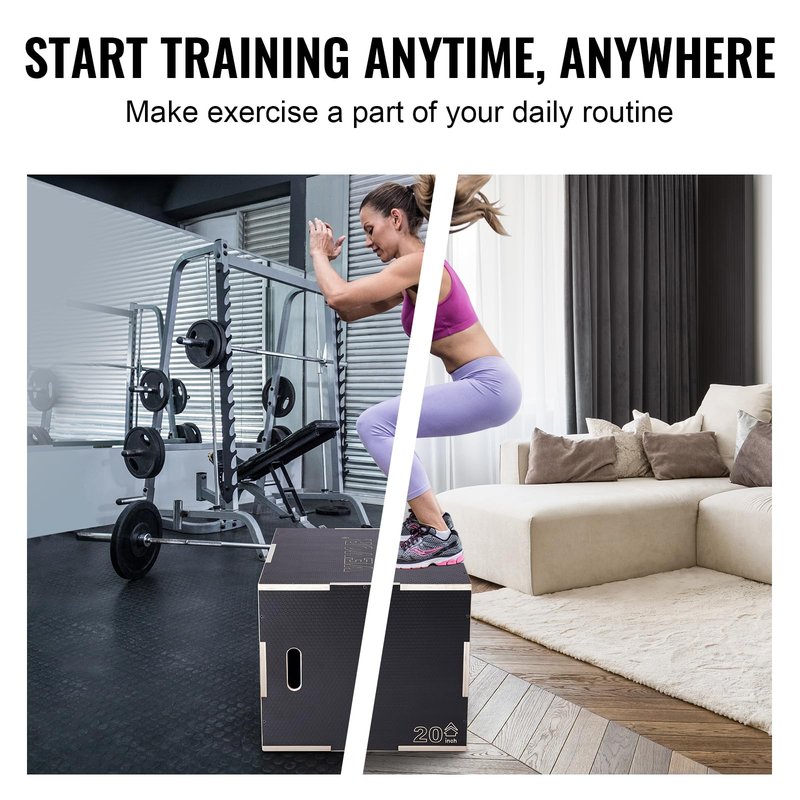 VEVOR 3 in 1 Plyometric Jump Box, Easy-to-Assemble Wood Plyo Box for Jumping Trainers, Home Gym Training and Conditioning, 30" x 24" x 20"