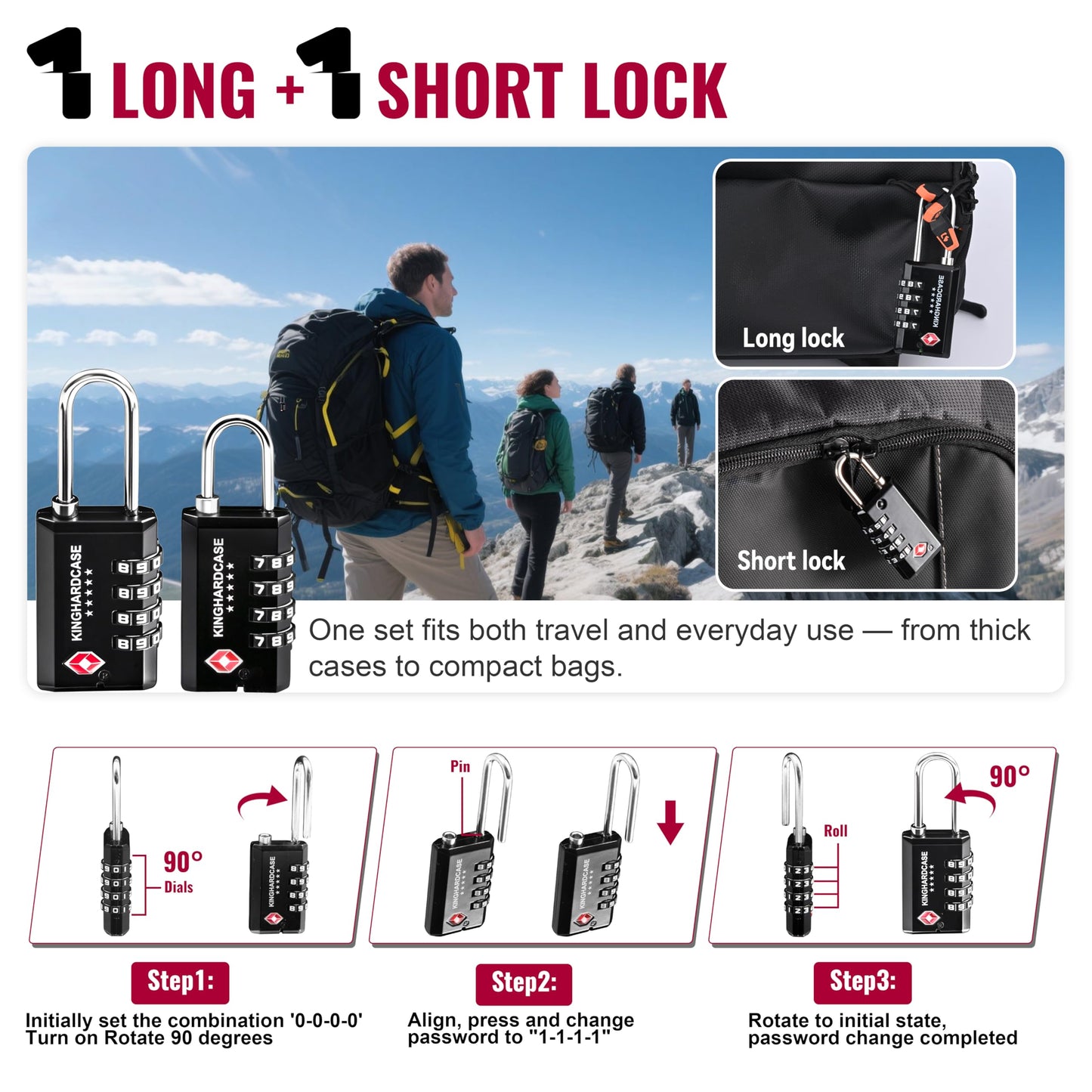 Kinghardcase 2 Pack TSA Locks for Luggage, 4-Digit Combination Travel Locks for Gun Cases, Toolboxes, Ammo Cases, Bags, Suitcases, Backpacks, Resettable Zinc Alloy Lock with Hook