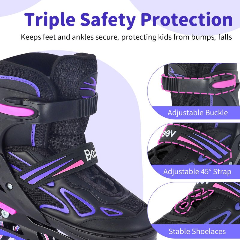 BELEEV Inline Skates with Light-Up Wheels & Shoelaces, 4-Size Adjustable Roller Blades for Kids, Boys & Girls Ages 5-8, 8-12, 6-12, Illuminating Skates for Youth & Women, Beginner Outdoor/Indoor Use