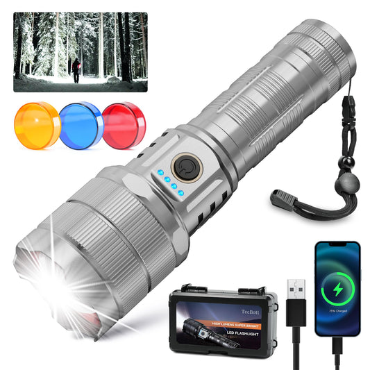 TECBOTT 900000 High Lumens Flashlights LED Rechargeable Tactical Flashlight 5 Modes Zoomable Fast Charging IPX6 Waterproof Flash Light Super Bright Handheld Flashlights for Camping Outdoor and Gift