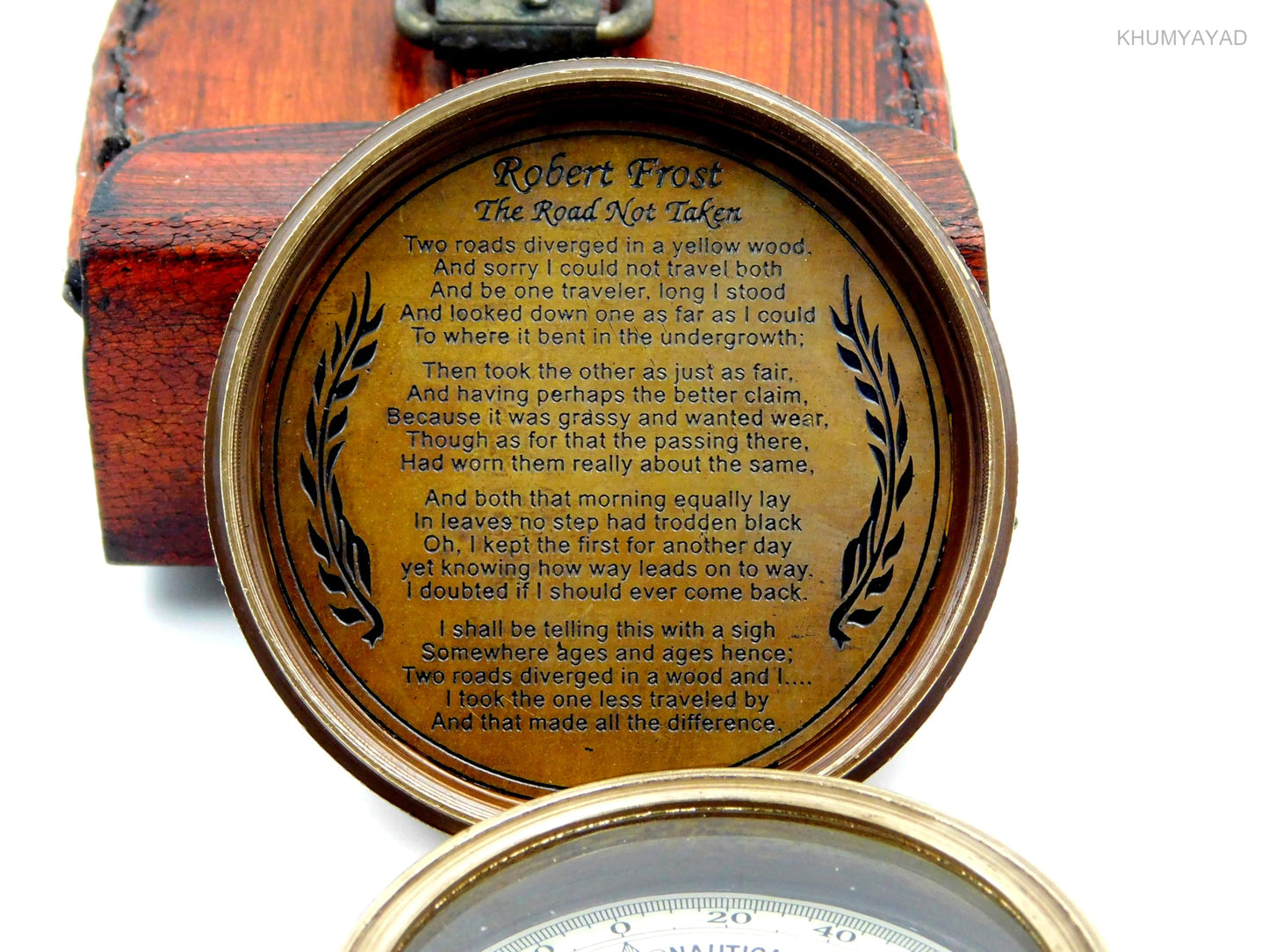 KHUMYAYAD Brass Hand Made Fully Functional Compass with Leather Case & Robert Frost Poem Engraved