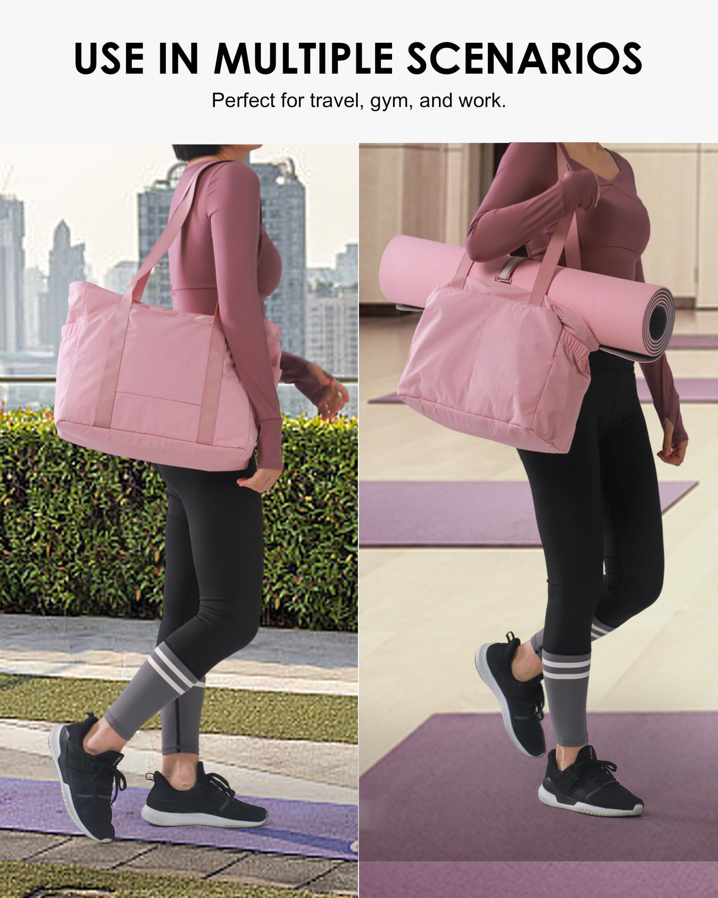 RARE SPACE Womens Yoga Mat Bag - Zipper Tote Nurse Work Travel Diaper Laptop Gym Bag with Yoga Mat Buckle Multi Pocket