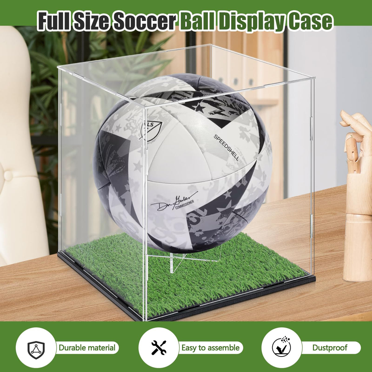 Novabright Soccer Ball Display Case Transparent Acrylic Full Size Soccer Ball Display Holder with Grass Turf Self Assembly Acrylic Case Protection Dustproof Showcase