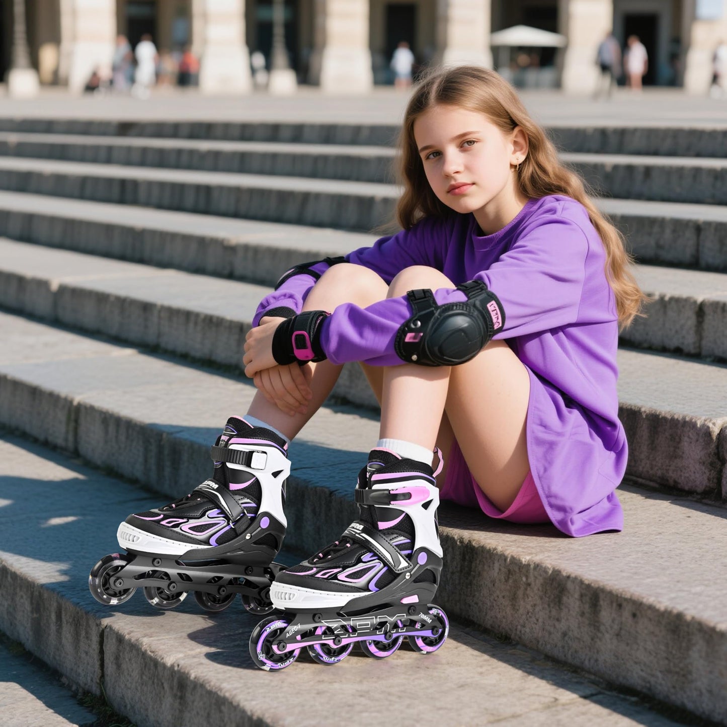 2PM SPORTS Vinal Inline Skates for Girls Boys Kids Ages 5-8 8-12 with Adjustable Illuminating Wheels, Inline Roller Skates for Youth Women Men - Purple Pink Large