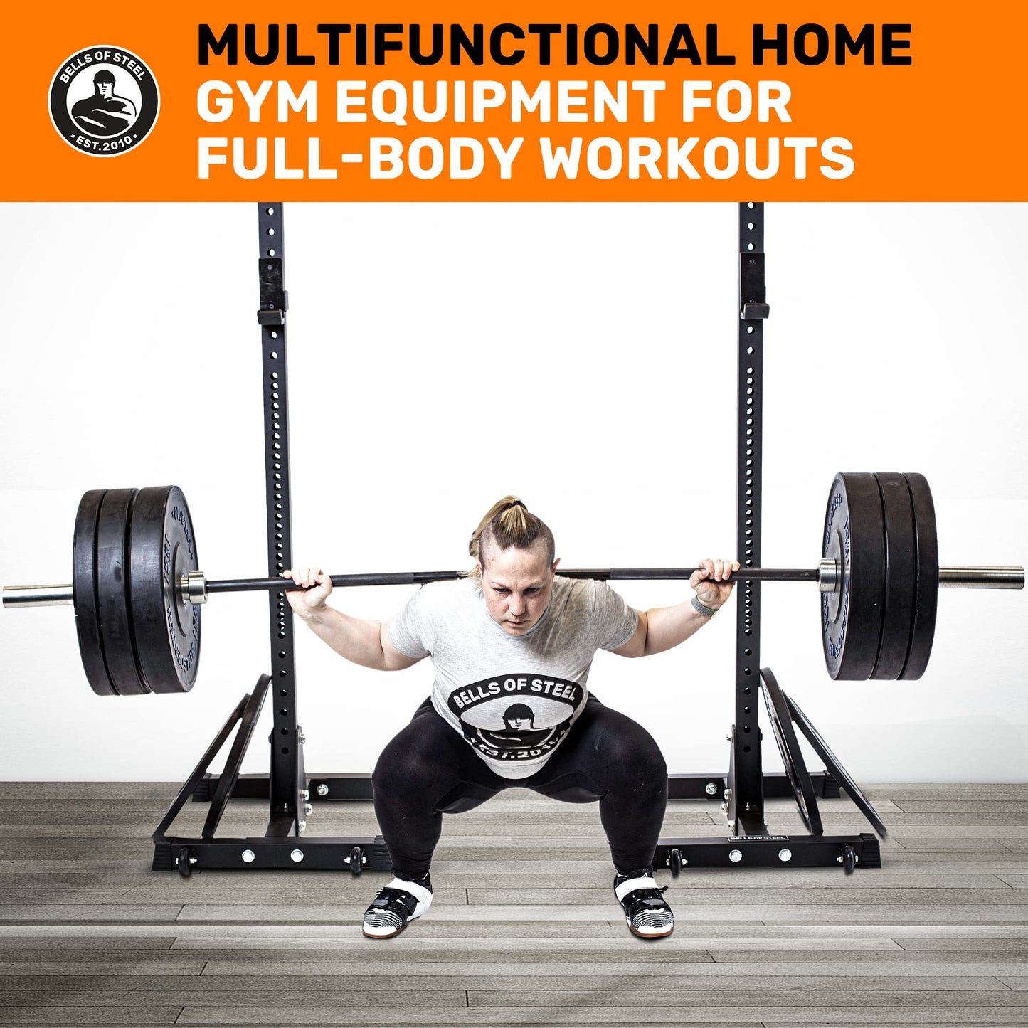Bells of Steel Adjustable Bench Press Rack and Squat Rack for Home Gym and Commercial - Premium Triple Padded J-Cups for Power and Olympic Bar - 12 Gauge Steel Squat Stand, 600 lb Capacity