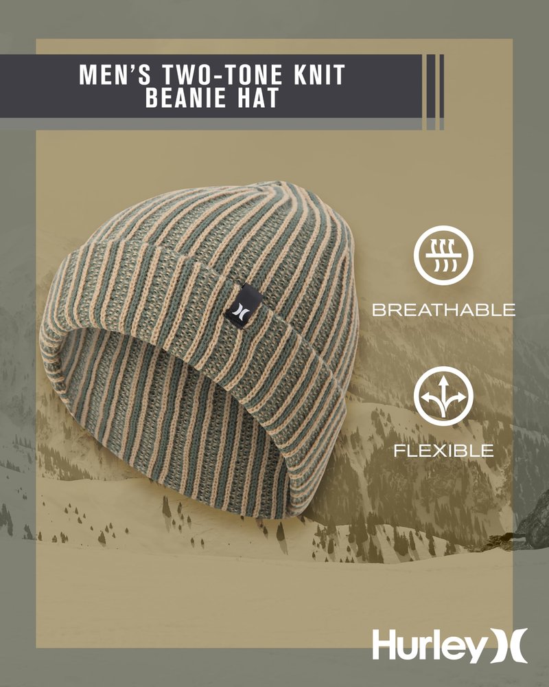 Hurley Mens Beanie - Two Tone Double Layered Cable Knit Acrylic Beanie for Men - Deep Fit Winter Hat Beanies for Men, Size One Size, Wheat