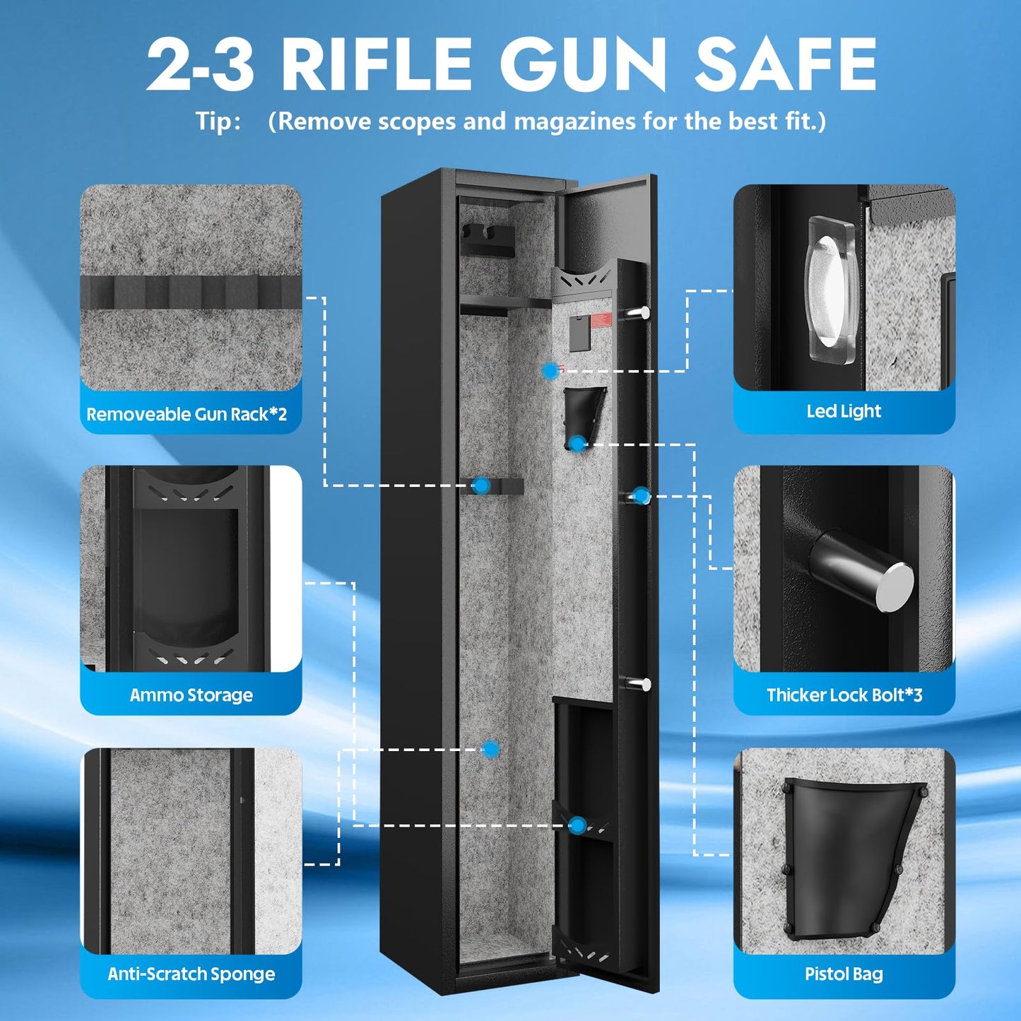 KAER 2-3 Gun Safe,Rifle Safe,Gun Safe for Rifles and Pistols,Gun Cabinet for Shotguns,Long Gun Cabinet for Shotguns with Removable Storage Shelf,LED Light,Quick Access Rifle Safes,Adjustable Shelves